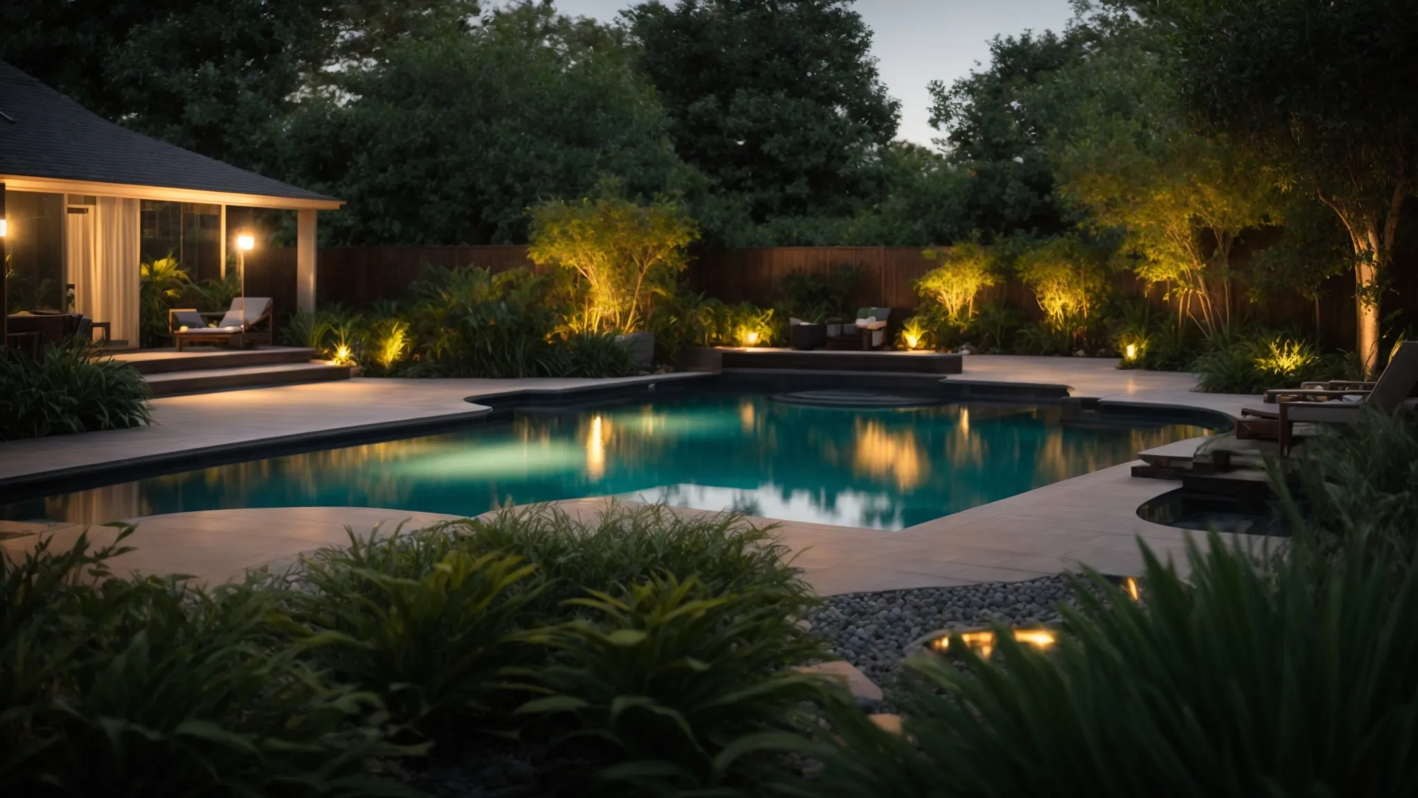 a serene backyard oasis with a glistening, expertly built swimming pool surrounded by lush greenery and elegant landscaping, illuminated by soft evening light.